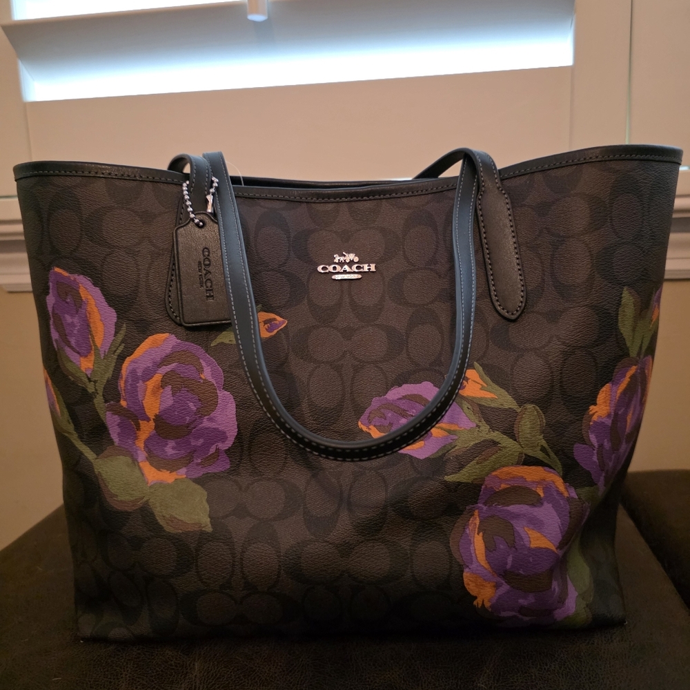 NWT Coach Signature Floral Print City Tote – Brown/Black with Purple Roses